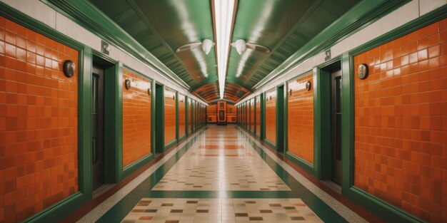 Un long couloir avec des portes oranges et des portes vertes.