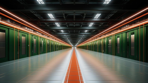 un long couloir avec des portes vertes et des garnitures orange