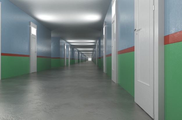 long couloir avec portes visualisation intérieure illustration 3D