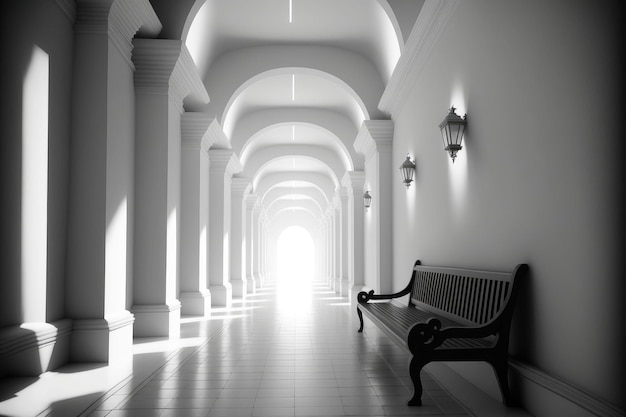 Un long couloir avec un tas de bancs blancs une ambiance