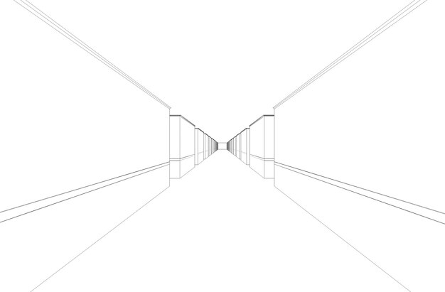 Long couloir avec visualisation des contours des portes contour de l'esquisse de l'illustration 3D