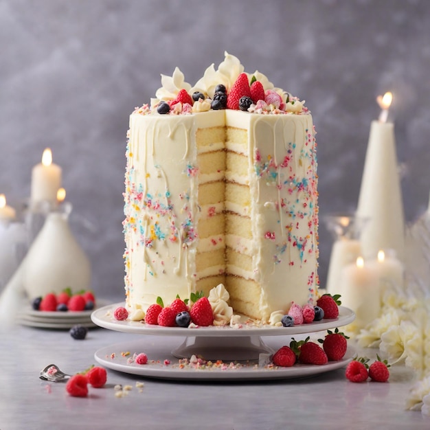 Un long gâteau à la vanille à couches verticales délicieux prêt à servir à la célébration