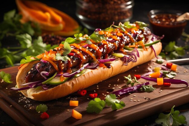 Photo un long hot-dog avec beaucoup de légumes dessus