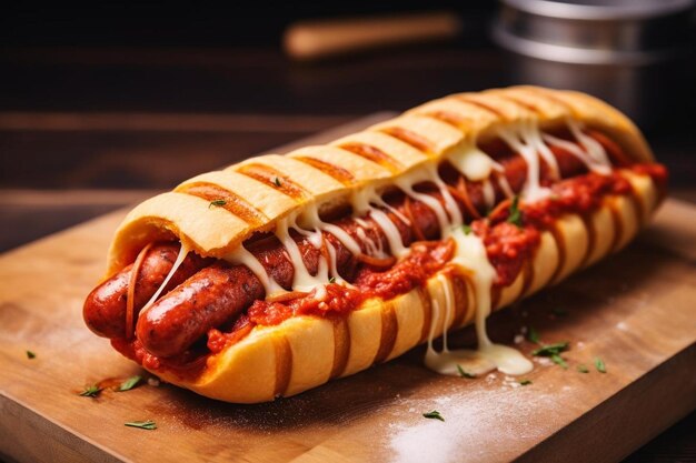 Photo un long hot-dog avec du ketchup et de la moutarde sur une planche à couper