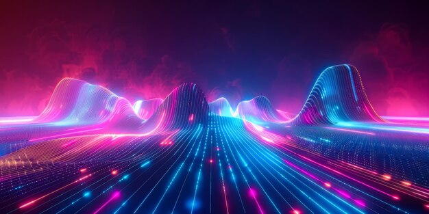 Un long motif d'un cadre à ondes de néon avec des graphismes lumineux futuristes contre un ciel bleu foncé et rose contrastant