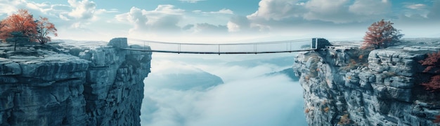 Photo un long pont suspendu au-dessus d'une profonde vallée avec des nuages en arrière-plan