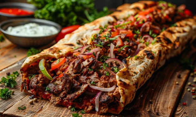 Photo un long sandwich large et très long avec de la viande et des légumes le sandwich est sur une table en bois