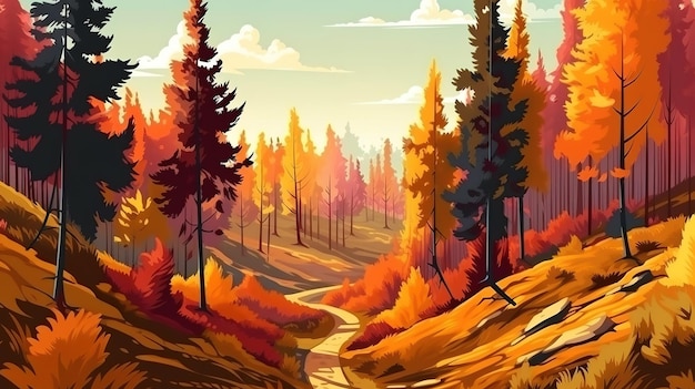 Long sentier dans la forêt sauvage de conifères d'automne à l'automne Generative Ai