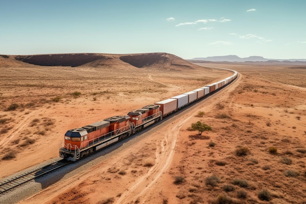 Photo un long train de marchandises se frayant un chemin à travers un paysage désertique