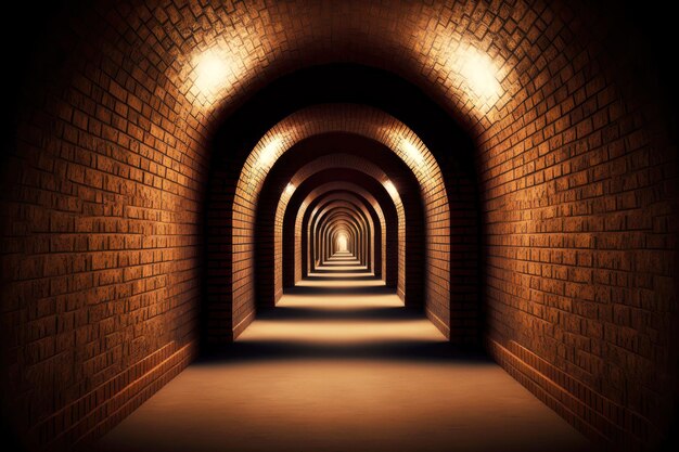 Long tunnel illuminé avec des murs en briques dans un sous-sol abandonné