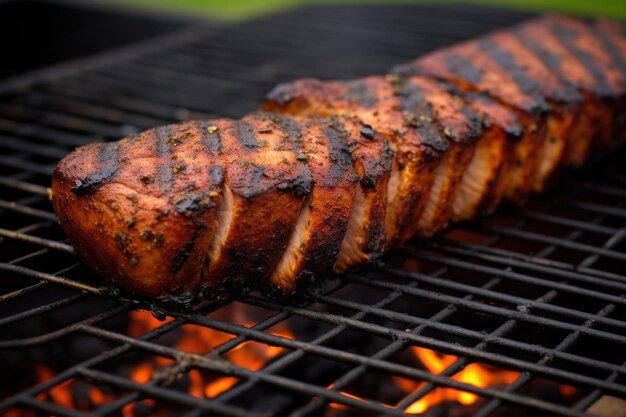 Longe de porc noircie sur les grilles d'un barbecue