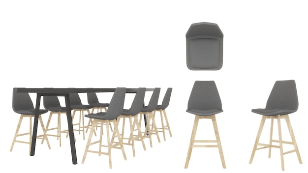 Longs tabourets de bar en bois noir avec tabouret de bar en bois rembourré grisvue d'arrêt côtérendu 3d