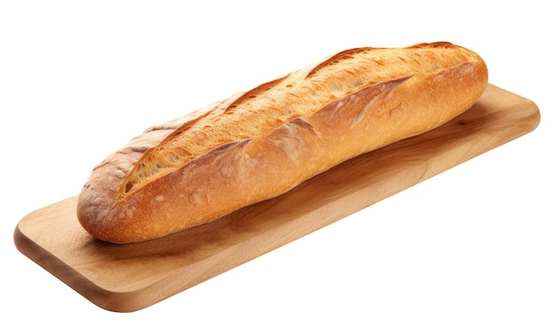 Longue baguette sur planche à couper isolée sur fond blanc pain français traditionnel