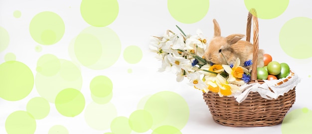 Longue bannière de Pâques avec panier de fleurs et lapin