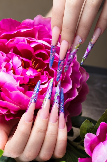 Longue belle manucure avec des fleurs sur les doigts féminins Conception des ongles Gros plan Photo prise en studio sur fond blanc