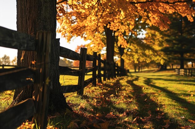 Longue clôture en bois avec des arbres aux feuilles colorées bel automne