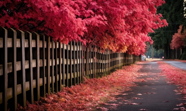 Longue clôture en bois avec des feuilles colorées d'arbres Bel automne Generative AI