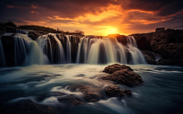 longue exposition Cascade au milieu de la forêt au coucher du soleil