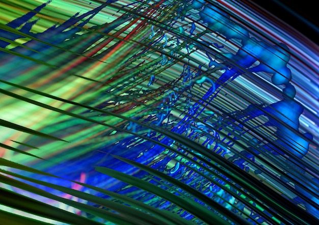 Longue exposition d'effet visuel de fibre optique de lumière laser techno vibrante Arrière-plan de motif cgi et vfx luminescent Illustration numérique futuriste électrique néon créative et faisceaux géométriques
