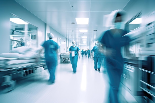 Longue exposition mouvement flou des médecins et des infirmières dans une salle d'hôpital