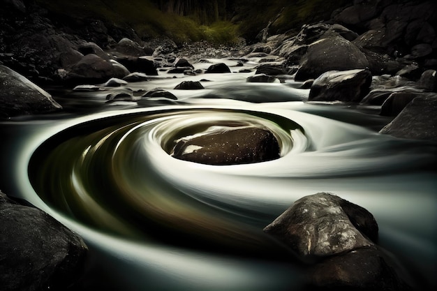 Longue exposition de ruisseau avec de l'eau en mouvement créant un effet flou et hypnotique