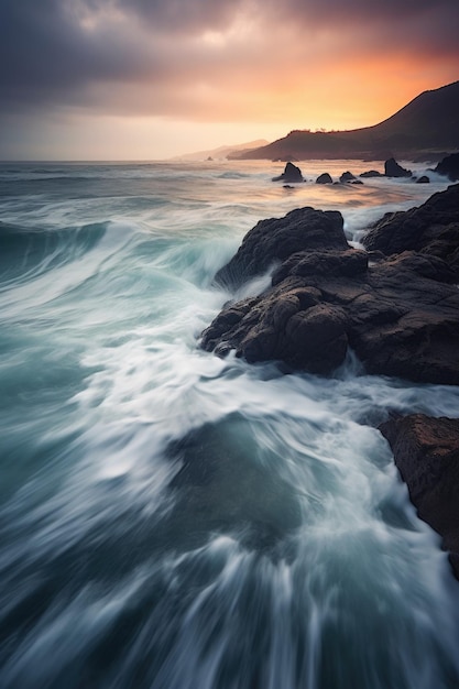 Une longue exposition des vagues de l'océan créant un effet lisse créé avec une IA générative