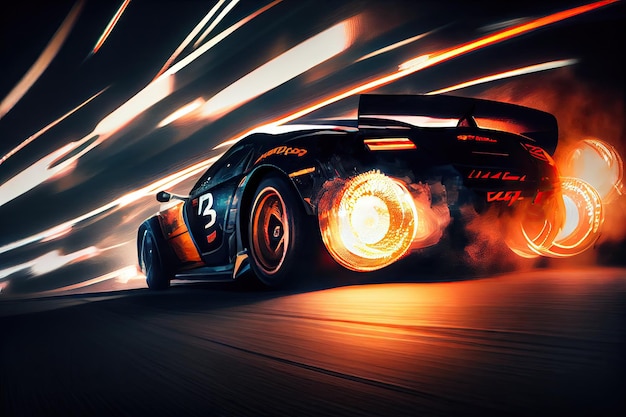 Longue exposition d'une voiture de course à grande vitesse avec ses feux clignotants et ses pneus crissant sur la piste