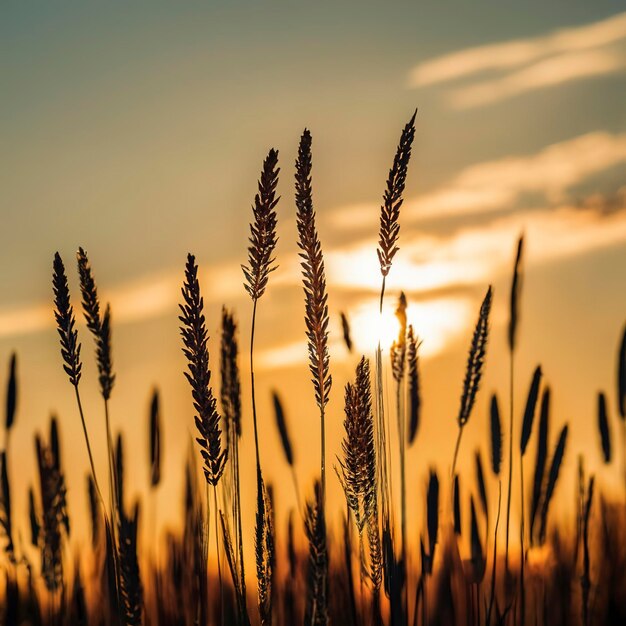 Longue herbe sèche d'été sur fond de nature coucher de soleil