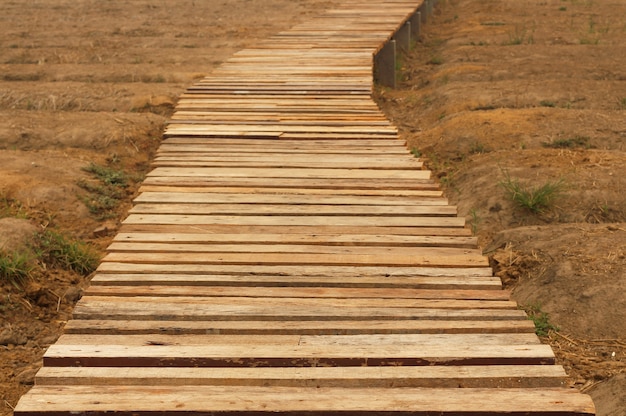 Longue passerelle en bois qui traverse un jardin potager vide.