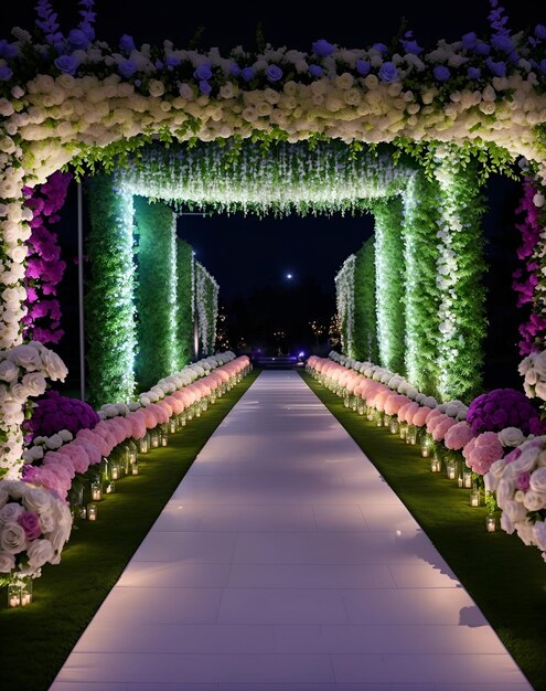 Une longue passerelle bordée de fleurs et de verdure