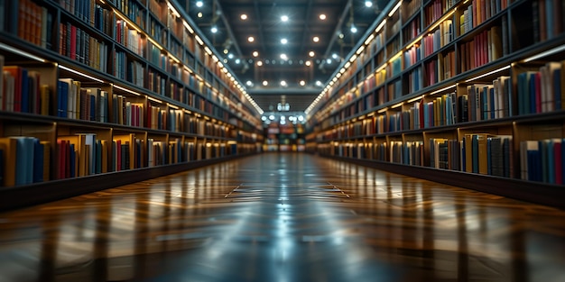 une longue rangée de livres dans une bibliothèque avec des lumières au plafond