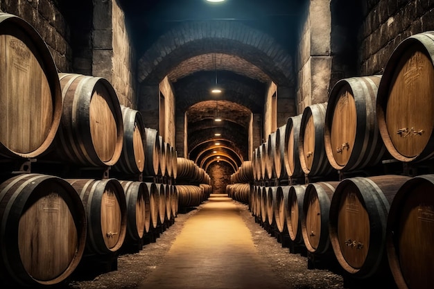 Longue rangée de tonneaux de vin dans un tunnel sombre AI générative