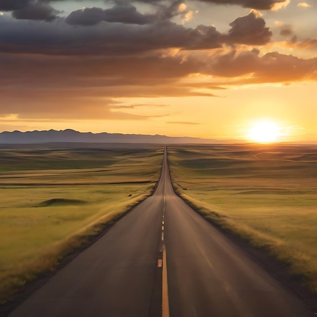 Longue route au sud-ouest au coucher du soleil entourée de champs herbeux AI