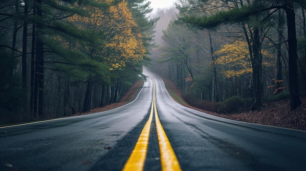 Longue route avec des lignes jaunes sur le côté