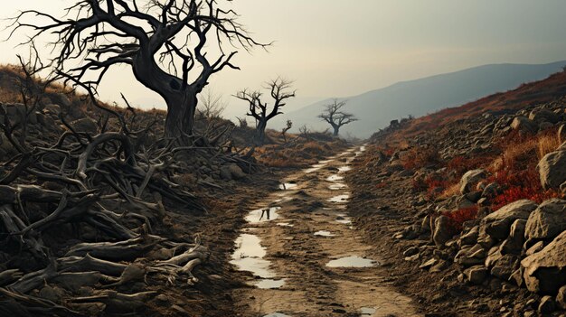 Photo une longue route sinueuse entourée d'arbres secs