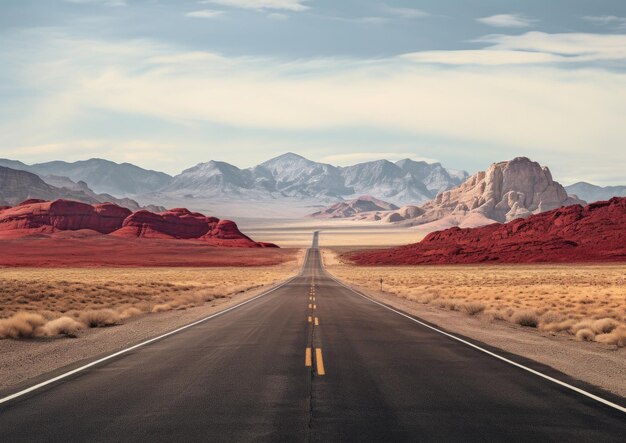 Une longue route avec une vue panoramique sur les montagnes