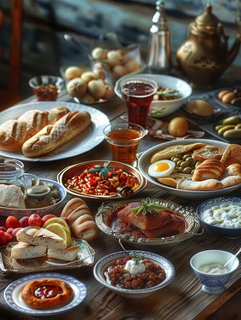 Une longue table en bois débordant d'une variété d'aliments internationaux de différentes cultures, y compris des tacos de pizza, du sushi et de la paella