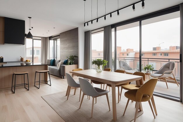 Longue table et chaises confortables situées dans la salle à manger près de la cuisine contre la porte du balcon ouverte pendant la journée dans un appartement moderne