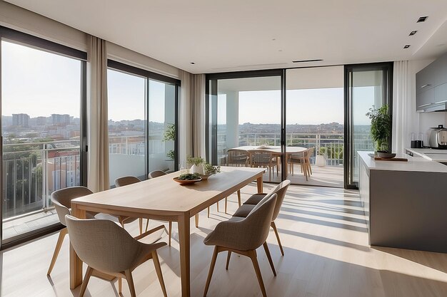 Longue table et chaises confortables situées dans la salle à manger près de la cuisine contre la porte du balcon ouverte pendant la journée dans un appartement moderne