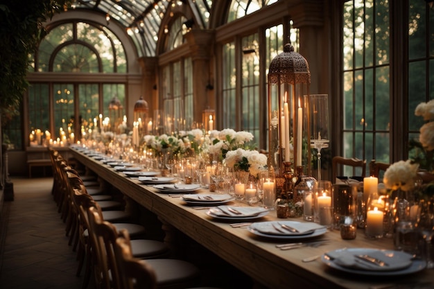 Une longue table magnifiquement décorée avec des bougies et des fleurs