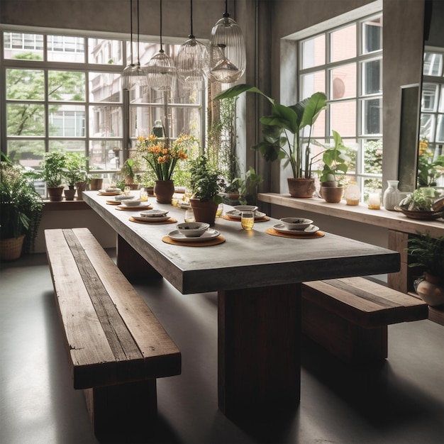 Photo une longue table à manger en béton rustique avec des chaises en bois