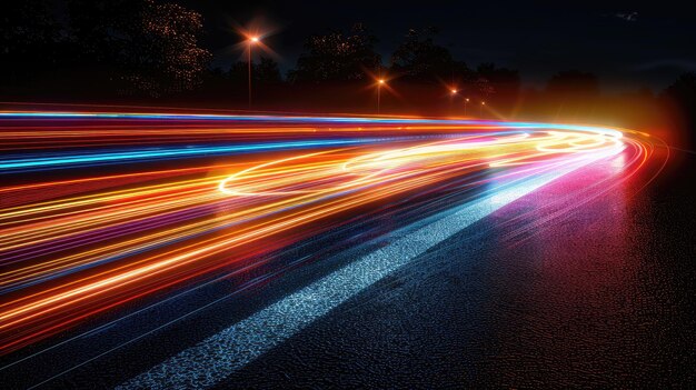 Une longue traînée de lumière colorée est montrée sur une route sombre