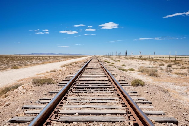 une longue voie de train avec un ciel bleu et une clôture en arrière-plan