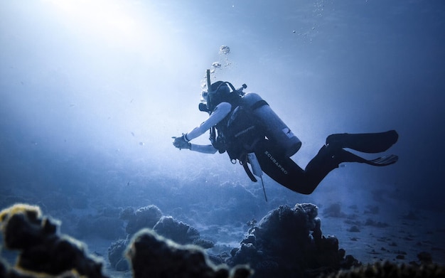 La longueur totale d'une personne en plongée sous-marine
