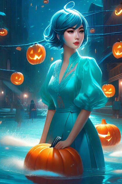 Look d'Halloween élégant cheveux courts coréens avec dentelle bleu turquoise