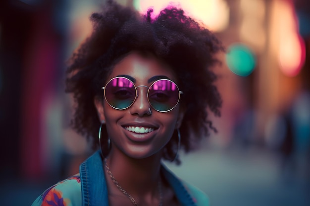 Look mode Femme noire gaie dans la rue Tenue rétro des années 80 et coupe de cheveux et lunettes de soleil Generative Ai Retrowave style Boho style