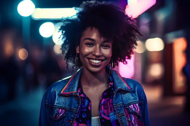 Look mode Femme noire gaie dans la rue Tenue rétro des années 80 et coupe de cheveux Style génératif Ai Retrowave Style Boho