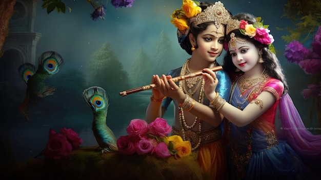 Lord Krishna belle affiche avec un paysage imaginaire Janmasthami spécial pour les Indiens