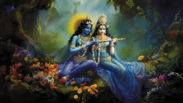 Lord Krishna belle affiche avec un paysage imaginaire Janmasthami spécial pour les Indiens
