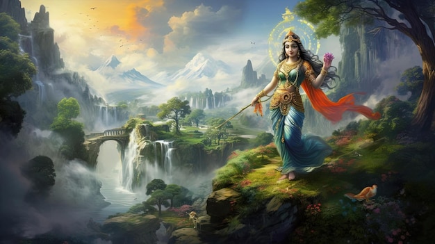 Lord Krishna belle affiche avec un paysage imaginaire Janmasthami spécial pour les Indiens